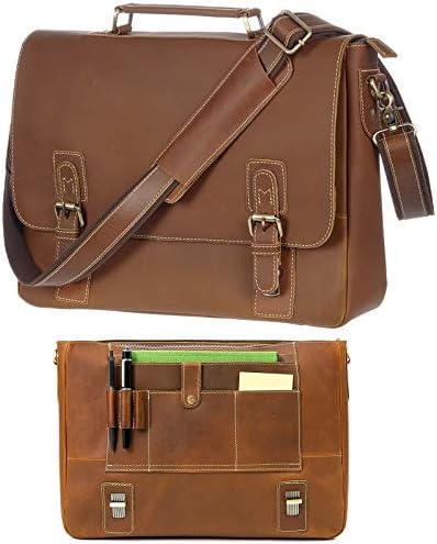 Bolsa de mensageiro de 16 para homens genuínos de couro vintage satchel saco de proteção RFID Saco de laptop de computador