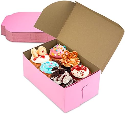 [10 pacote] Caixas de padaria rosa - 6 x 4-1/2 x 2-3/4 polegadas Caixas de bolo rosa - caixa de pastelaria para cupcakes, sobremesas, biscoitos, doces - embalagens ideais para padarias e favores caseiros assados ​​e presentes