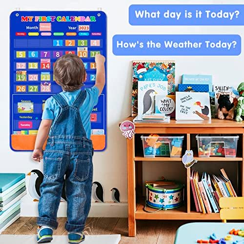 Artigo Kids Calendário Chart Pocket para sala de aula pré -escolar, Dias da semana para crianças de aprendizado de recursos com 104 peças Calendário de atividades de clima e estações para pré -escolares Idade 3+