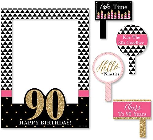CHIC 90º aniversário - rosa, preto e dourado - festa de fotografia de fotografia de fotografia de foto e adereços - Impresso em material