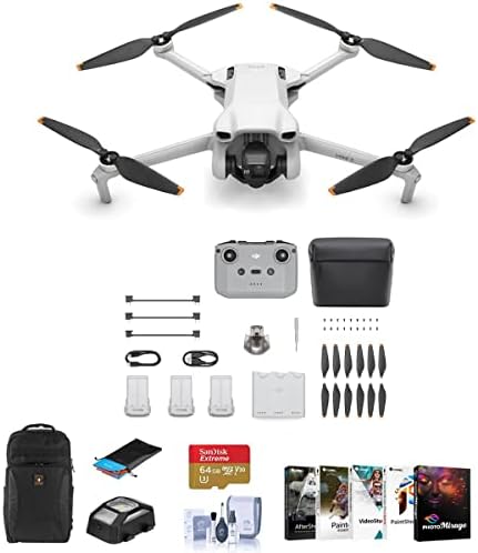DJI Mini 3 Drone Fly More Combo com pacote de controlador RC-N1 com cartão microSD de 64 GB, mochila, software de vídeo fotográfico corel, kit de limpeza, bloco de pouso, luz anti-colisão estroboscópica
