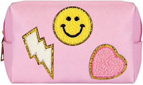 Saco de cosméticos de patch - Pink PU PU Couro Preppy Impermeável Hedanário portátil Saco estético, use diariamente o organizador