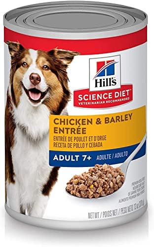 Diet Science de Hill Food Dog Dog, adulto sênior de 7 anos ou mais, entradas de frango e cevada, 13 onças. Latas, 12 pacote