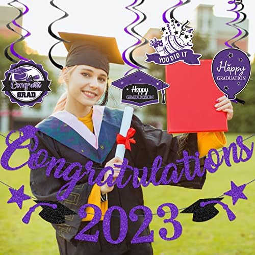 Parabéns roxos 2023 Decorações de festa de graduação da banner 2023 Classe roxa e preta de 2023 Decorações de graduação Decorações
