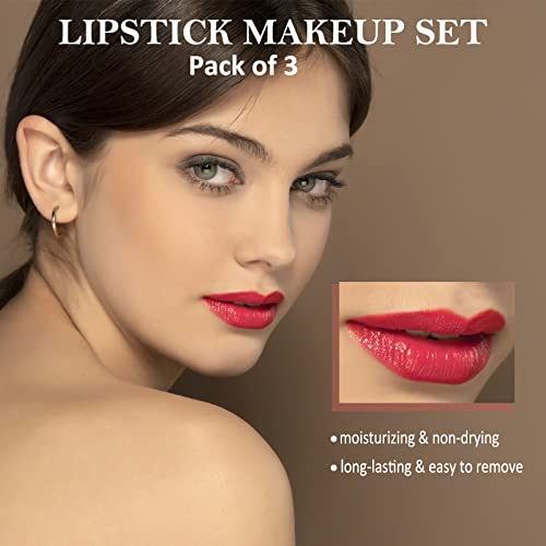 Conjunto de maquiagem de lipcolor de batom de boobeen, batom de cor vibrante de lips vermelhos nude para mulheres acabamento de cetim hidratante liso, pigmentado alto, pacote de 3
