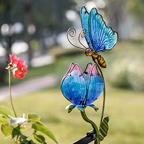 Coleções da Teresa Tulipas de vidro Tulipas de jardim Metal Acocestamente com luzes solares, ornamentos de gramado com energia solar de flores e pássaros para decorações de quintal para pátio ao ar livre