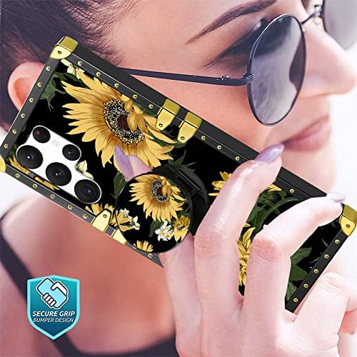 Projetado para o girassol Samsung Galaxy S23 Ultra Square Case With Stap Strap Ring Holder Kickstand For Women Girls Flor Floral Com pára -choques de telefone para Samsung Galaxy S23 Ultra 6.8