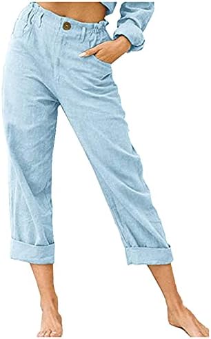 Calça de cor sólida de linho feminina feminina dsodan com botões de bolsos da cintura elástica de calças retas soltas