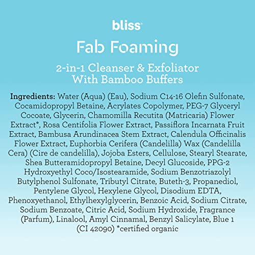 Bliss Fab Foaming 2 -in -1 Cleanser e esfoliante com buffers de bambu - 6,4 FL OZ - Lavagem de face de gel sem óleo - Removedor de maquiagem - Vegan e crueldade grátis