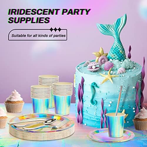 351 peças Iridescent Party Supplies holográficos de mesa descartáveis ​​de festa, inclui copo de copo de papel falhas de falhas