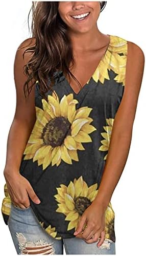 Tampo de tanques sem mangas do feminino Camiseta de túnica solta de decote em Vshirt 2023 Blouses de impressão floral casual de verão Casas básicas