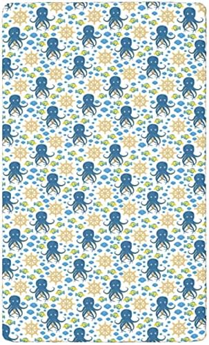 Folha de berço com tema de polvo, colchão de berço padrão folha de colchão macia de colchão macio de colchão ajustado - folha de bebê para meninos meninas, 28 “x52”, azul marinho e multicoloria