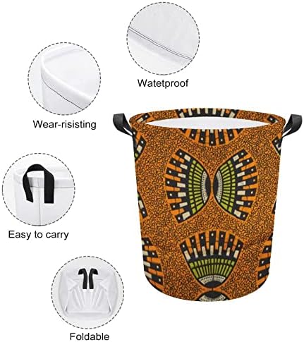 Africano Ancara Pattern Laundry Horty Round Canvas Cestas de tecido com alças Bolsa de roupas de lavagem dobrável à prova d'água