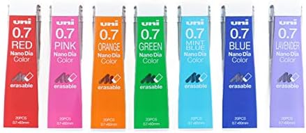 Lápis mecânicos uni leads nano dia 0,7 mm, 7 cores, 20 leads 7 pacotes, Miyabi Eraser Set