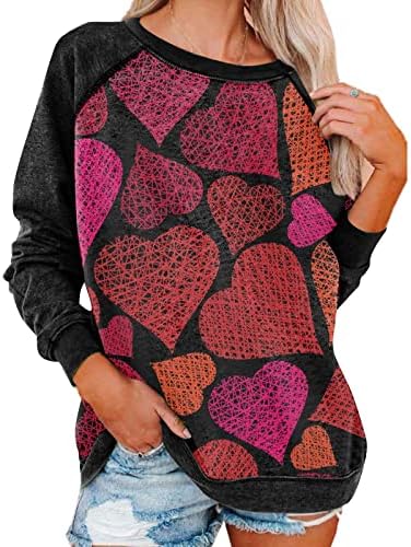 Jjhaevdy Dia dos Namorados Camisas Femininas Pulloves gráficos Love Cartão de coração Impressão Sorto de moletom casual Pullover