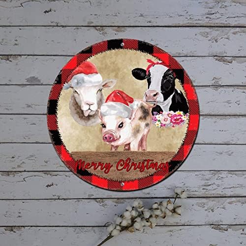 Feliz Christmas Wreath Sign O animal de fazenda com Papai Noel Hat Hat Buffalo Plaid redonda Metal Tin Plin