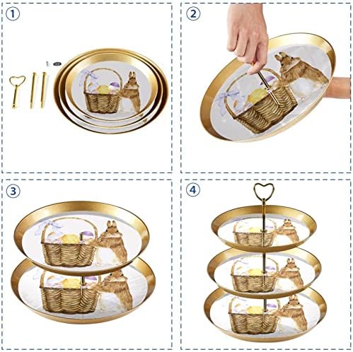 Páscoa de cesta de ovo de coelhinho da Páscoa de 3 camadas, suporte de bolo, suporte de sobremesa em camadas, pratos redondos para servidor de buffet de chá de chá de chá de chá de casamento