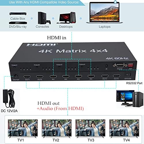 4K@60HZ Switch HDMI Matrix Switch 4x4, Splitter de comutador de matriz HDMI 4 em 4 em 4 Out com controle RS232, caixa seletor