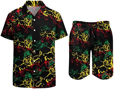 WeedKeycat Rasta leão Judah Etiópia Bandeira Men's Beach Roupfits 2 peças Hawaiian Button Down Shirt Sleeve Slaves