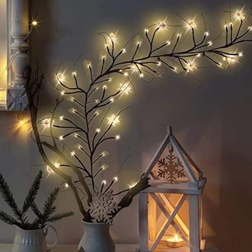 Fochier F 6 pés 45 LED Willow Vine Twig Decorações de inverno com timer 8 Luzes brancas do floco de neve e 7 luzes de neve, decoração de guirlanda de inverno para o Floco de neve de Natal Decorações internas para casa
