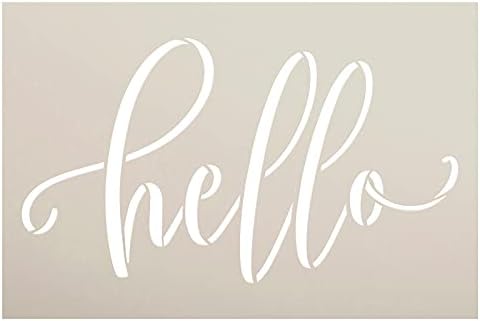 Hello simples hello script estêncil por studior12 | Craft DIY Farmhouse Decor de casa | Paint Welcome Wood Sign | Modelo