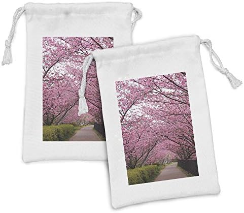 Conjunto de bolsas de tecido da natureza lunarável de 2, sakura Path Surreal Blooms in National Park Refreshing Spring Picture, pequena bolsa de cordão para máscaras e favores de produtos de higiene pessoal, 9 x 6, marrom verde -oliva rosa
