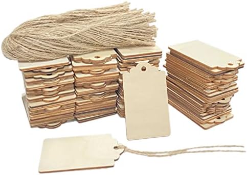 200 pacote de 3 polegadas de madeira com orifício e barbante em branco Presentes de madeira tag rótulos de madeira inacabados para