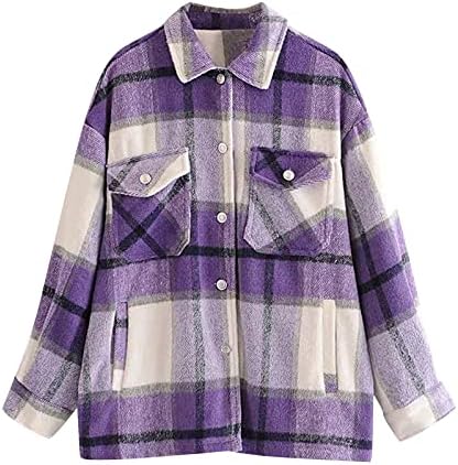 Jaqueta xadrez da moda feminina lapela de manga comprida Shacket Bolsões casuais bolsos impressos camisa de casaco de camisa