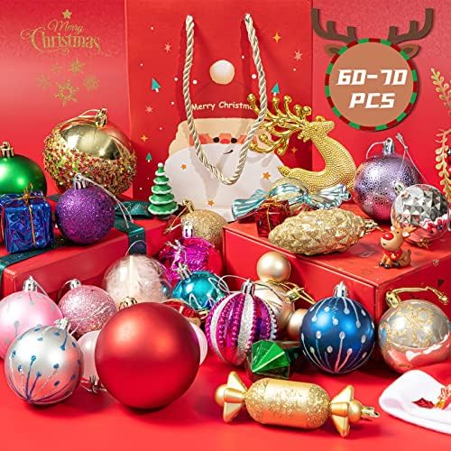 Bolas de Natal Conjunto de enfeites, 70 PCs Decorações de árvores de natal de plástico que se destacam, ornamentos de pendura de