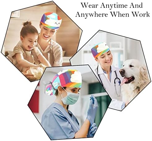 2 PCS Nurse Scrub Caps Cabelos longos, Capinho de trabalho ajustável de arco -íris colorido com botão e banda de moletom