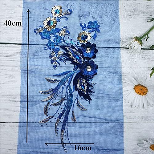 Uxzdx cujux 40cm lantejas azuis 3d Flores com renda de renda de renda shinestone Mesh costurar em remendos bordados para