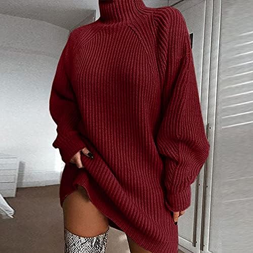 Moda feminina tricô casual cor sólida manga comprida Turtleneck suéter Mini vestido de cashmere suéter