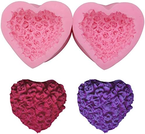 Meiyouju 2 peças Moldes de silicone de coração 3d Moldes de flores de rosa Silicone de grau de comida para casamento de festas de festas do dia dos namorados Candy Chocolate Polymer