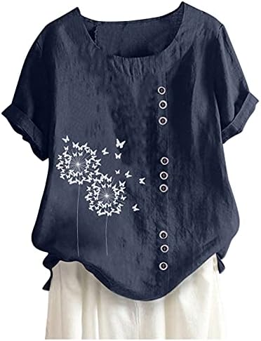 Blouses de tamanho grande para mulheres de linho de algodão curto-pescoço de camiseta de camiseta floral tampas casuais camisetas
