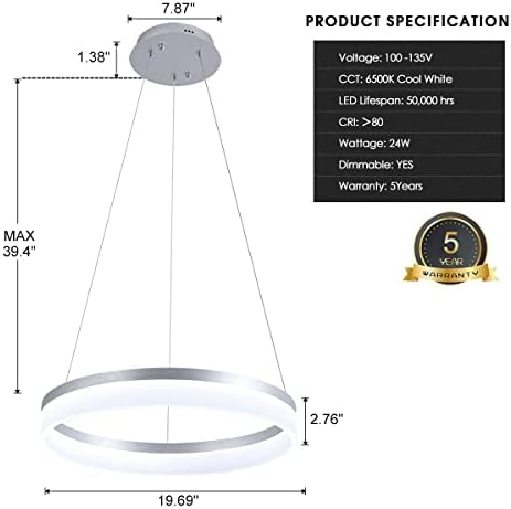 Buccleuch Modern LED Pingente Light 19,7 Chavela circular de 1 anel de 1 anel para iluminação pendente de penduramento