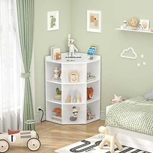 Aheaplus Canto do armário, armazenamento de canto branco com portas e pontos de venda USB, armazenamento de brinquedos