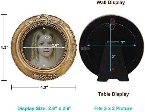 Quadro de imagem redondo 3x3 de 3x3, mini moldura de foto círculo ornamentada antiga, exibição de mesa e decoração de