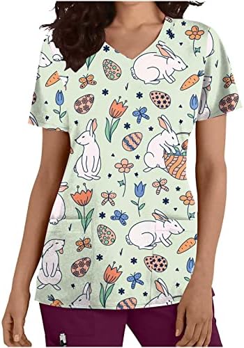 Camisas de Páscoa para mulheres Bunny Bunny T-shirt Tops gráficos de manga curta V Camisa de férias de ovo de páscoa de pescoço