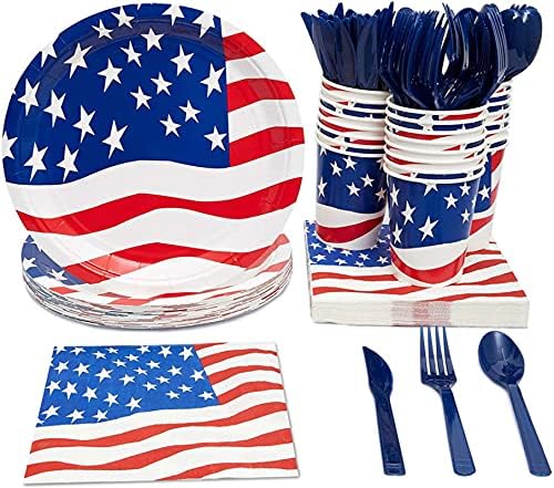 NC 4 de julho American Flag Party Supplies Decoration, conjunto de tabela patriótica descartável, faca de plástico, colher, garfo, bandeja de papel, guardana