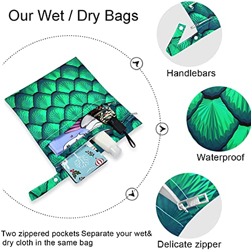 VISESUNNY MERMAID SCALA 3D PRIMAGEM 2PCS Saco molhado com bolsos com zíper Saco de fraldas espaçosas reutilizáveis ​​para