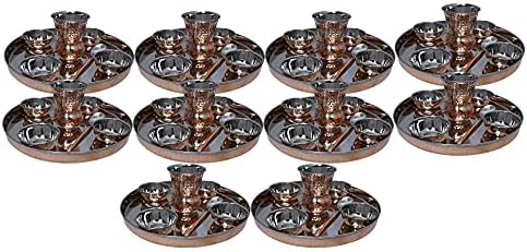Pacote de 10 conjuntos de aço inoxidável cobre conjunto tradicional de louça de prato thali, tigelas, vidro e colher,