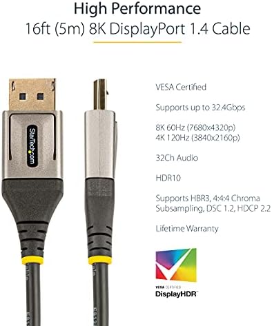 Startech.com 16ft VESA Certified DisplayPort 1.4 Cabo - 8k 60Hz HDR10 - Ultra HD 4K 120Hz Vídeo - DP 1.4 Cabo/cabo - para monitores/exibições - DisplayPort para DisplayPort Cable - M/M