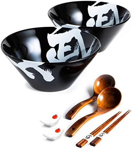 Conjunto de tigela de ramen japonesa de cerâmica de bicetto, 60 onças de tigelas de ramen grandes com pauzinhos, colheres e pauzinhos - tigela para ramen, pho, salada, puxão, sopa, udon - design minimalista, qualidade premium, preto, preto