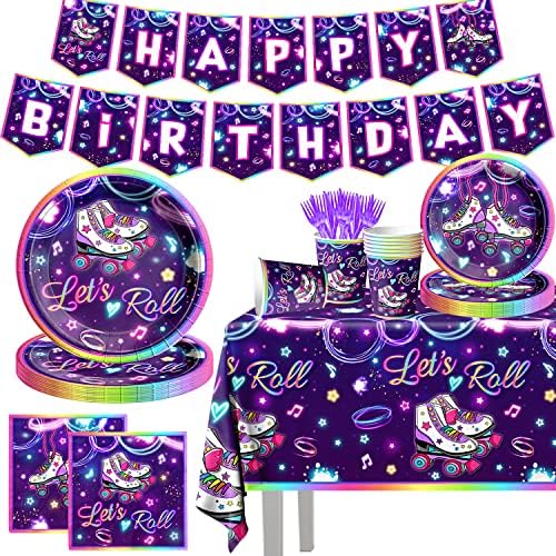 Roller Skating Party Supplies, Roll Theme Birthday Decoration, 142 PCs Let's Roll Feliz Aniversário Supplies Inclua