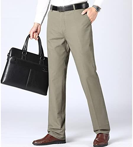 Homens casuais casuais chino calça clássica de rugas resistentes à frente calças frontais planas grandes e altas calças de algodão cáqui