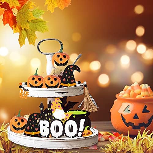 Decorações de Halloween Skyxiu, 8 PCs Conjunto de decoração de bandeja em camadas de Halloween, ornamento de Wood Sign Boo,