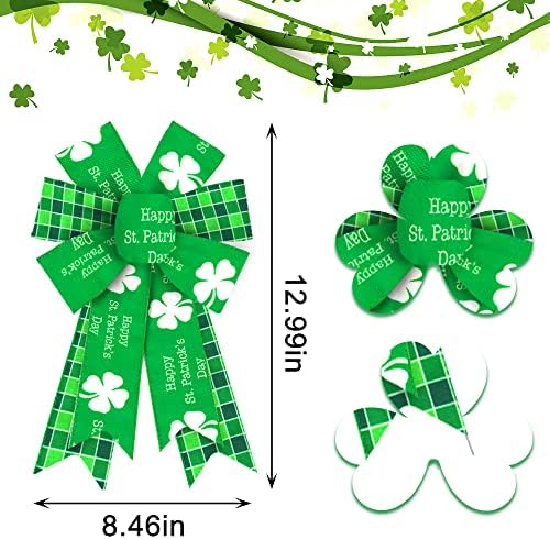 HYing 2pcs St. Patrick's Day Bows Para grinalda, Green Shamrock Greath Sexing para a decoração do dia de São Patrício, Arcos verdes de listras para a porta da frente para a parte externa da parede de parede de topper Decoração de suprimentos de decoração Ornamento