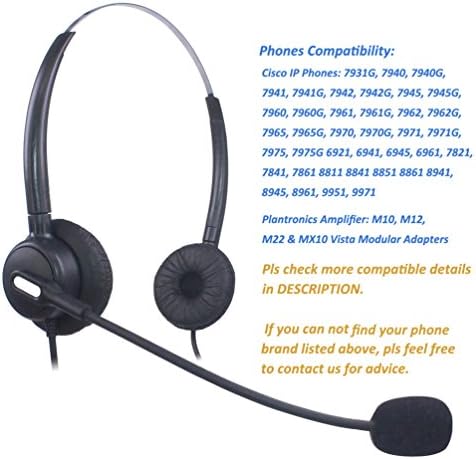 Vonstalk Corded Headset Telefone Dual Ear com faixa de cabeça leve Cancelando o MIC para amplificador de plantônicos M10 M12 M22 MX10 Cisco IP Phones 7942G, 7945, 7945G, 7960, 7960g 7961 7961gg,
