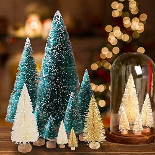 Árvores de Natal de Mini Sisal Fosal Artificial, árvores de escova de garrafa com artesanato de madeira DIY de base para a mesa de natal Decoração Top Decor Ornamentos de inverno, com felizes letras de Natal e confete dos flocos de neve