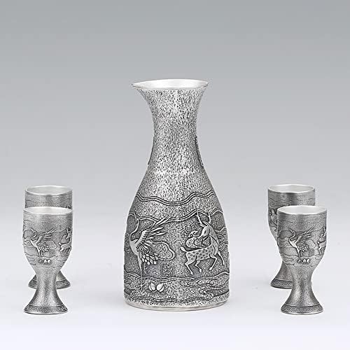 999 Sterling Silver Chinese Chinese Flagon Cup, Totem de veado de pradaria de crane de coroa vermelha esculpida, Vintage Luxury White Wine Home Drinkware, 1Cup